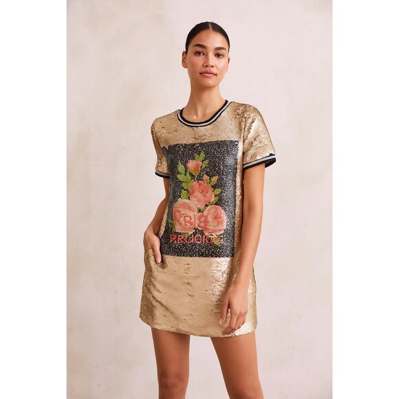 NWOT True Religion rOSE gOLD fLOWER Sequin Shift Dress XS - Picture 1 of 9